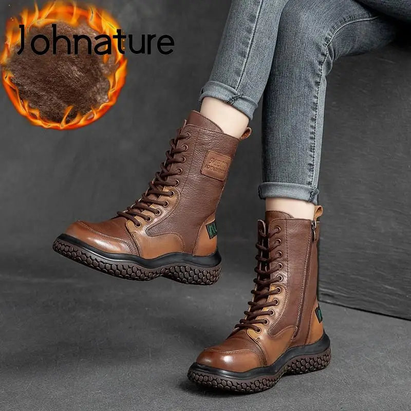 

Johnature Genuine Leather Winter Boots Women Shoes Mixed Colors Warm Plush Zip Round Toe 2021 New Handmade Platform Boots