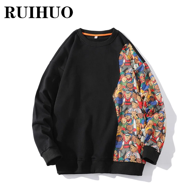 

RUIHUO Cartoon Bear Patchwork Pullover Sweatshirts Men Clothing Hip Hop Streetwear Men Sweetshirts 3XL 2022 New Arrivals