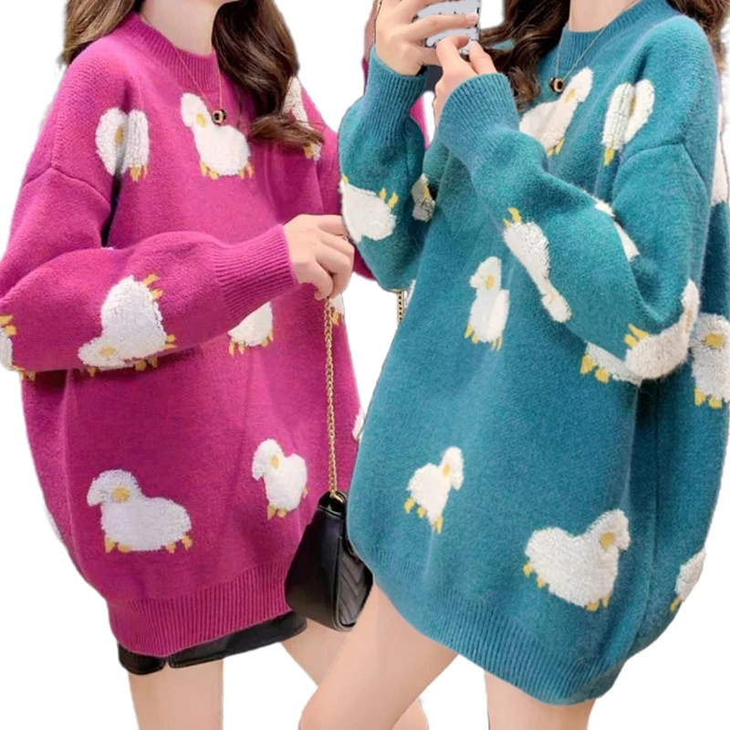 

Women Cute Cartoon Sheep Sweater Long Sleeve O-Neck Pullover Tunic Tops Harajuku Oversized Loose Knitwear Jumper Shirt