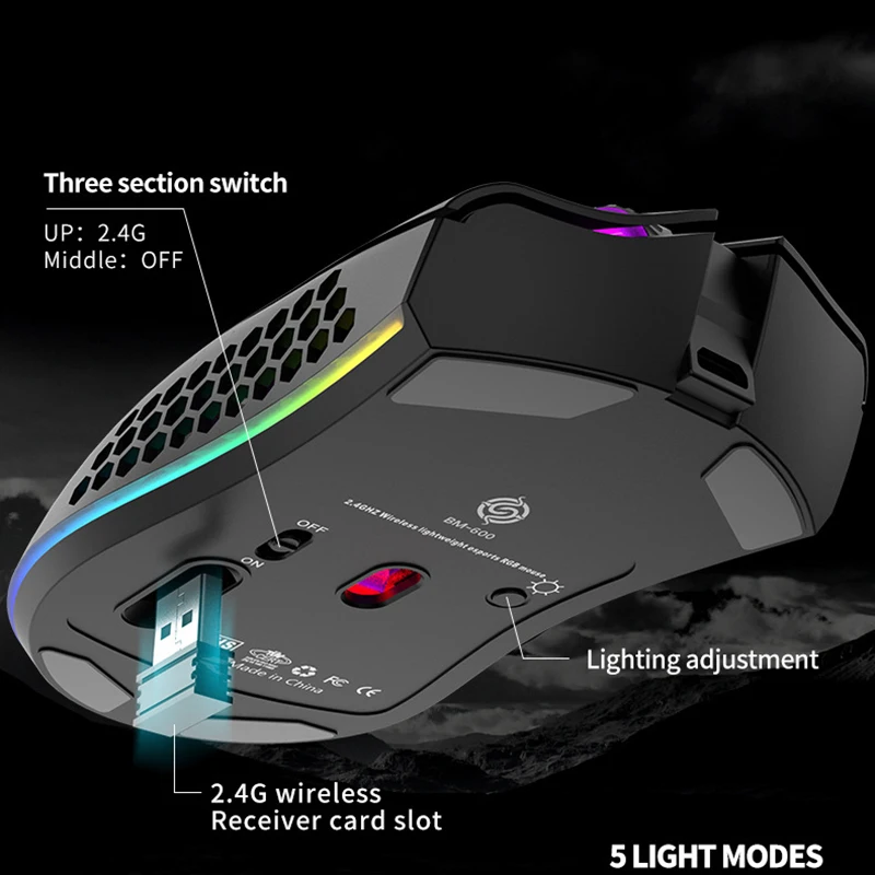 rechargeable usb 2 4g wireless rgb light honeycomb gaming mouse for desktop pc computers notebook laptop mice mause gamer cute free global shipping