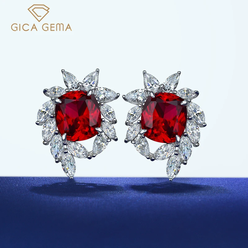

GICA GEMA 925 Sterling Silver 10*11mm Sapphire Ruby Stud Earrings For Women Sparkling High Carbon Diamond Wedding Fine Jewelry