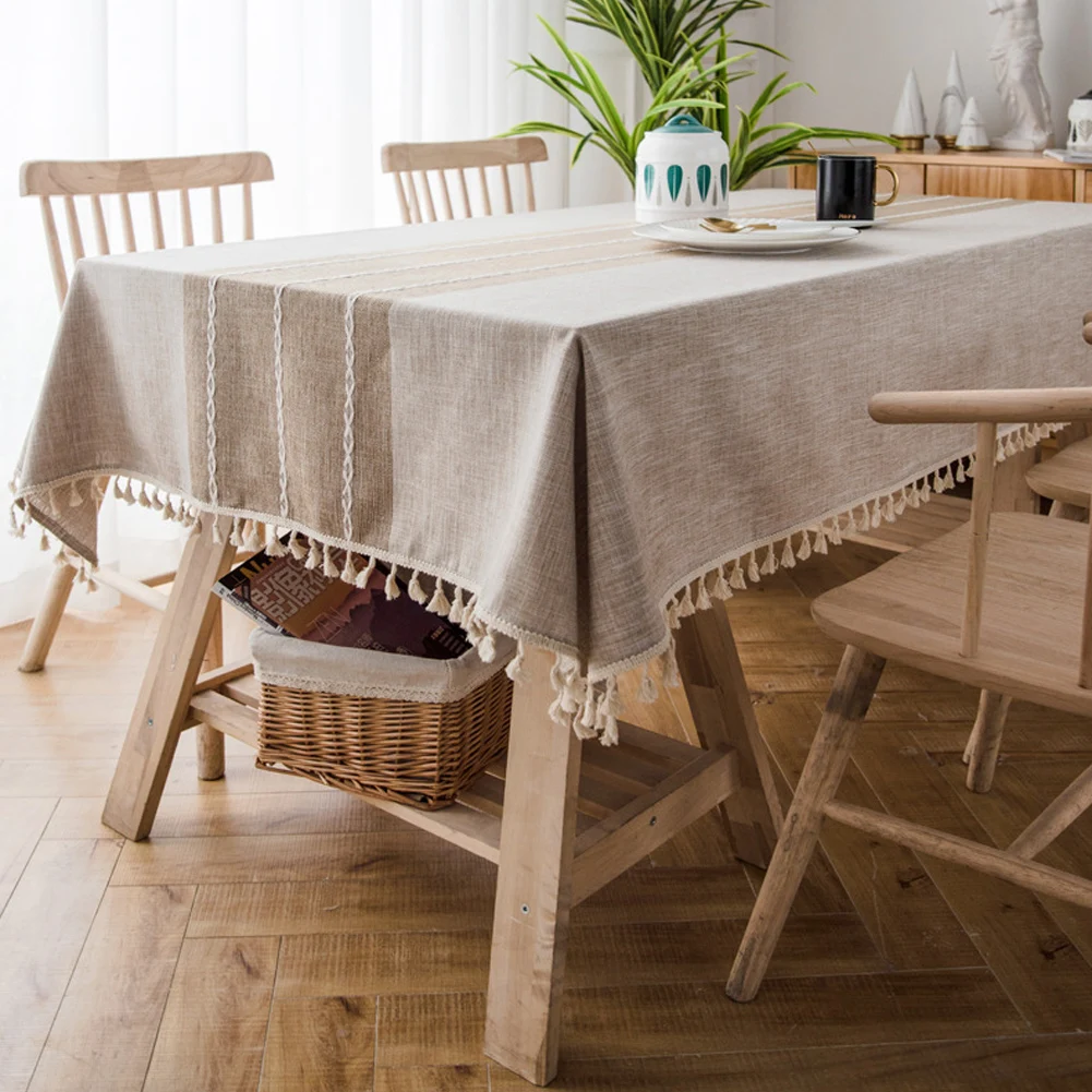 

Khaki Rectangle High Quality Cotton and Linen Tablecloth With Tassels Size 54"x 80" Table Cover Lace Tassel