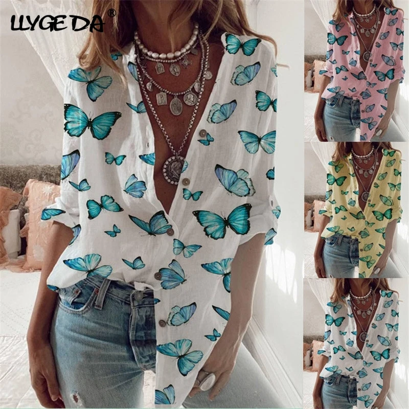 

Butterfly Print Thin Women Shirt Turn-down Collar Regular Sleeve Women's Shirts 2021 Summer Fashion New Loose Casual Ladies Top