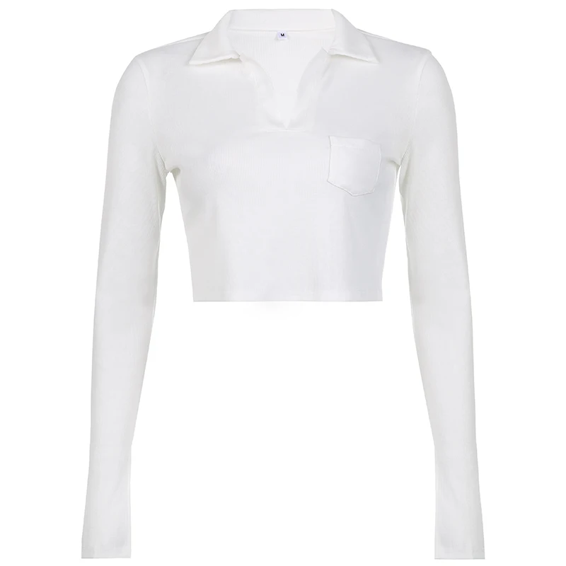 

Classic White T-shirts Basic POLO Collar Pocket Stitch Slim Long Sleeve Short shirt Knit Ribbed Solid Color All-match Tops Women