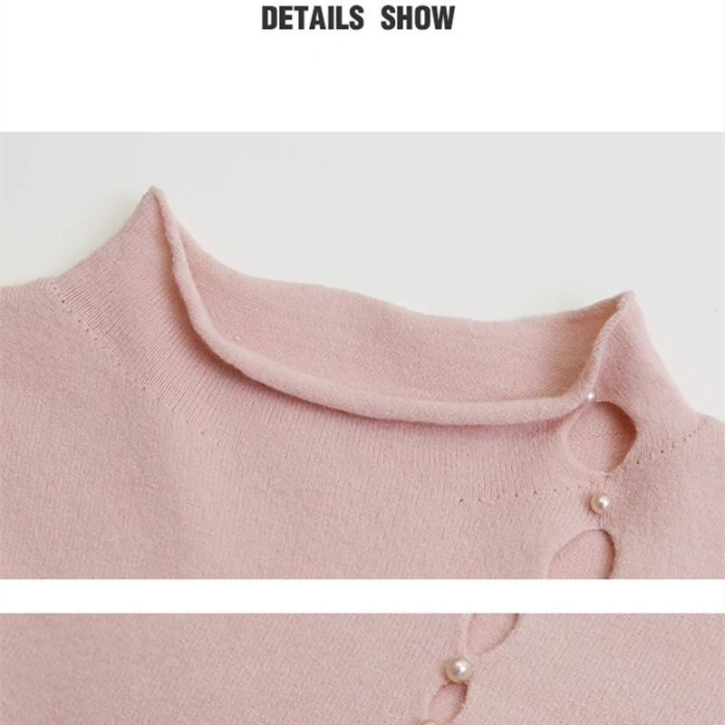 

Spring Fall European Clothes Knitted Sweater Chic Mock Neck Sexy Hollow Out Beads Tops Ropa Mujer Bottoming Shirt New T00711A