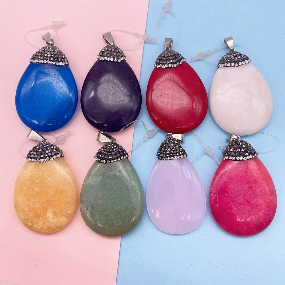 

Flat Water Drop Shape Natural Stone Pendant Inlaid with Crystal Beads Rhinestone Charms for DIY Jewelry Making Necklace Earrings