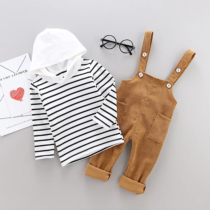 

2pcs/set Long Sleeve Stripes Hooded Top And Suspender Pants Clothing Sets Cartoon Children's Clothes Gifts For 2-6 Y Kids