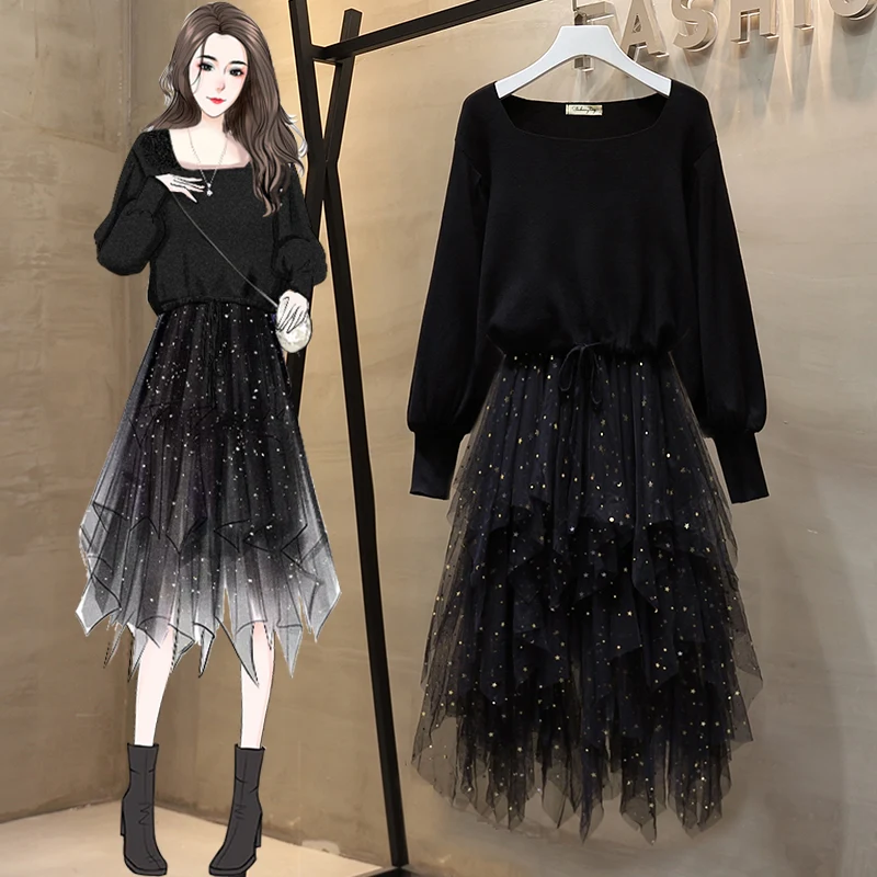 

2020 Plus Size Women's Autumn And Winter Looks Thin And Age-reducing Western Style Cover Belly Sweater Mesh Skirt Two-piece Suit