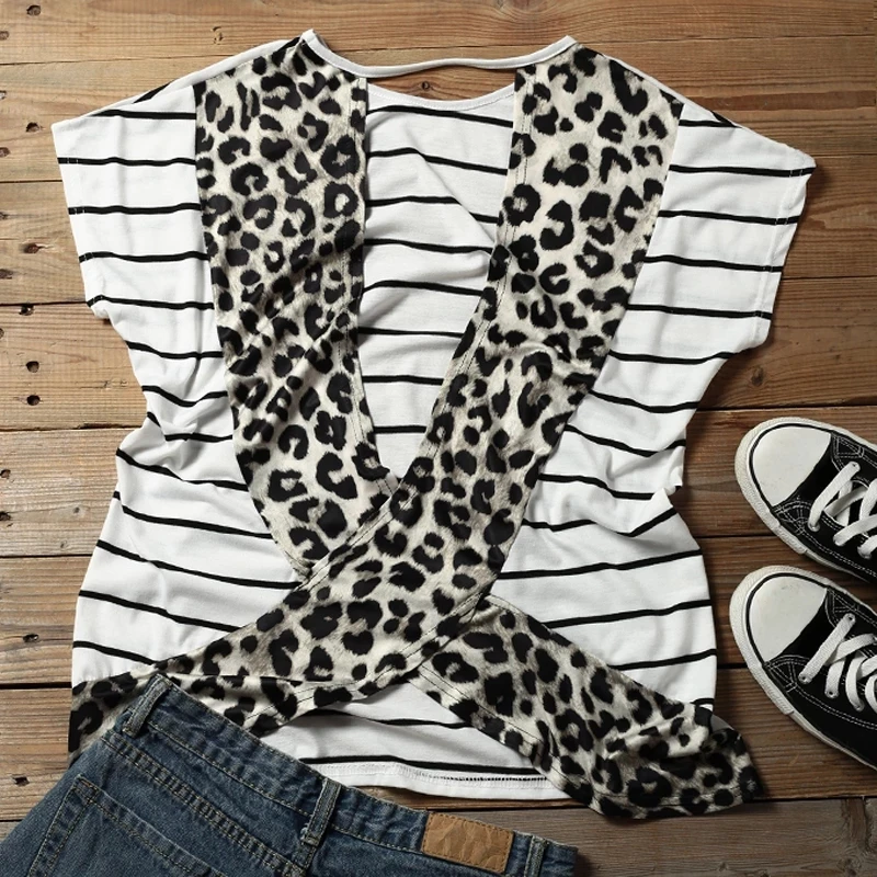 Женская Футболка С Коротким Рукавом Лето Леопардовым Принтом Открытой Спиной