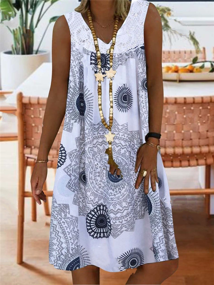 

Женское летнее пляжное платье в стиле ретро, богемное платье без рукавов с V-образным вырезом, повседневное свободное платье до колена с при...