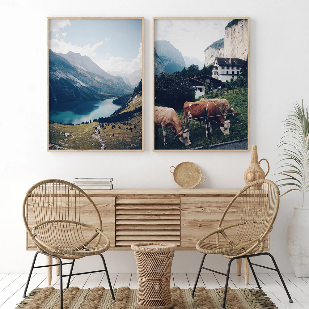 

Switzerland Travel Poster Mountain Lake Photography Wall Art Canvas Print Landscape Painting Wall Pictures for Living Room Decor