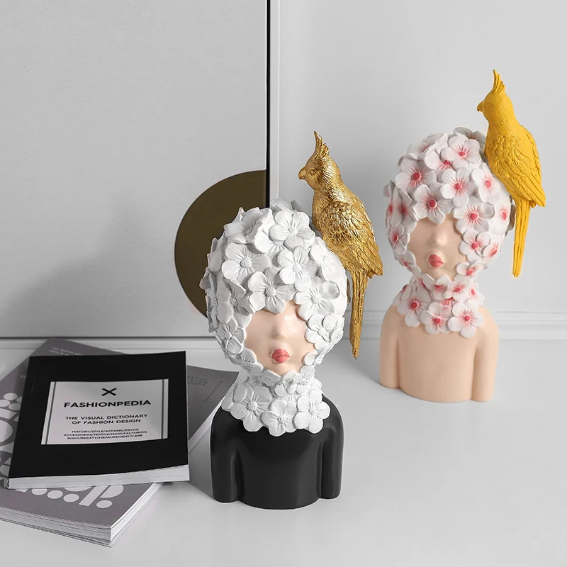 

Nordic Modern Style Parrot & Girl Head Portraits Resin Art&Craft Abstraction Figures Statue Creative Home Decorations X3703