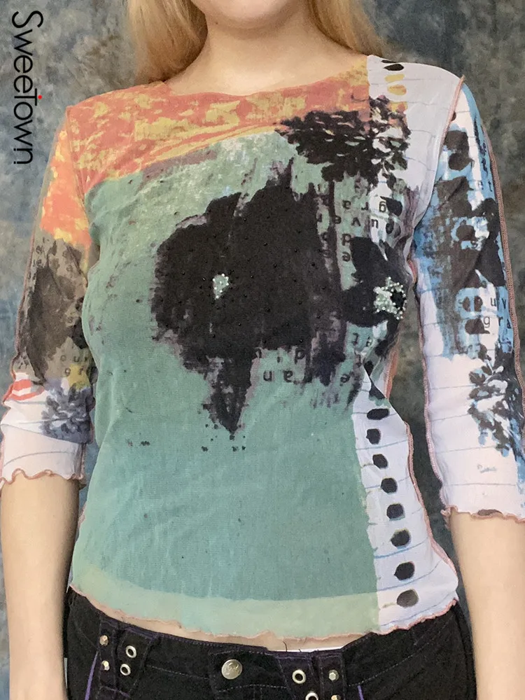 

Sweetown Tie Dye Print Fairycore Grunge Woman Tshirts Vintage Aesthetic Cute Kawaii Clothes O Neck Slim Long Sleeve Baby Tee Y2K
