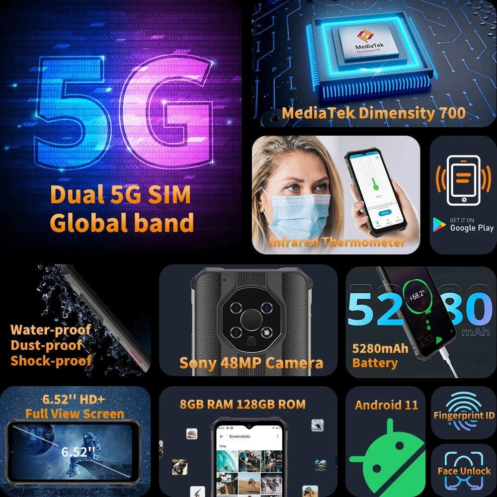 oukitel wp13 dual 5g mobile phone 8gb128gb 6 52 inch rugged waterproof smartphone dimensity700 android 11 cellphone 5280mah nfc free global shipping