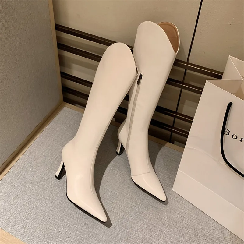 

Meotina Women Western Boots Real Leather High Heel Long Boots Shoes Zipper Pointed Toe Stiletto Heels Knee High Boots Female 40