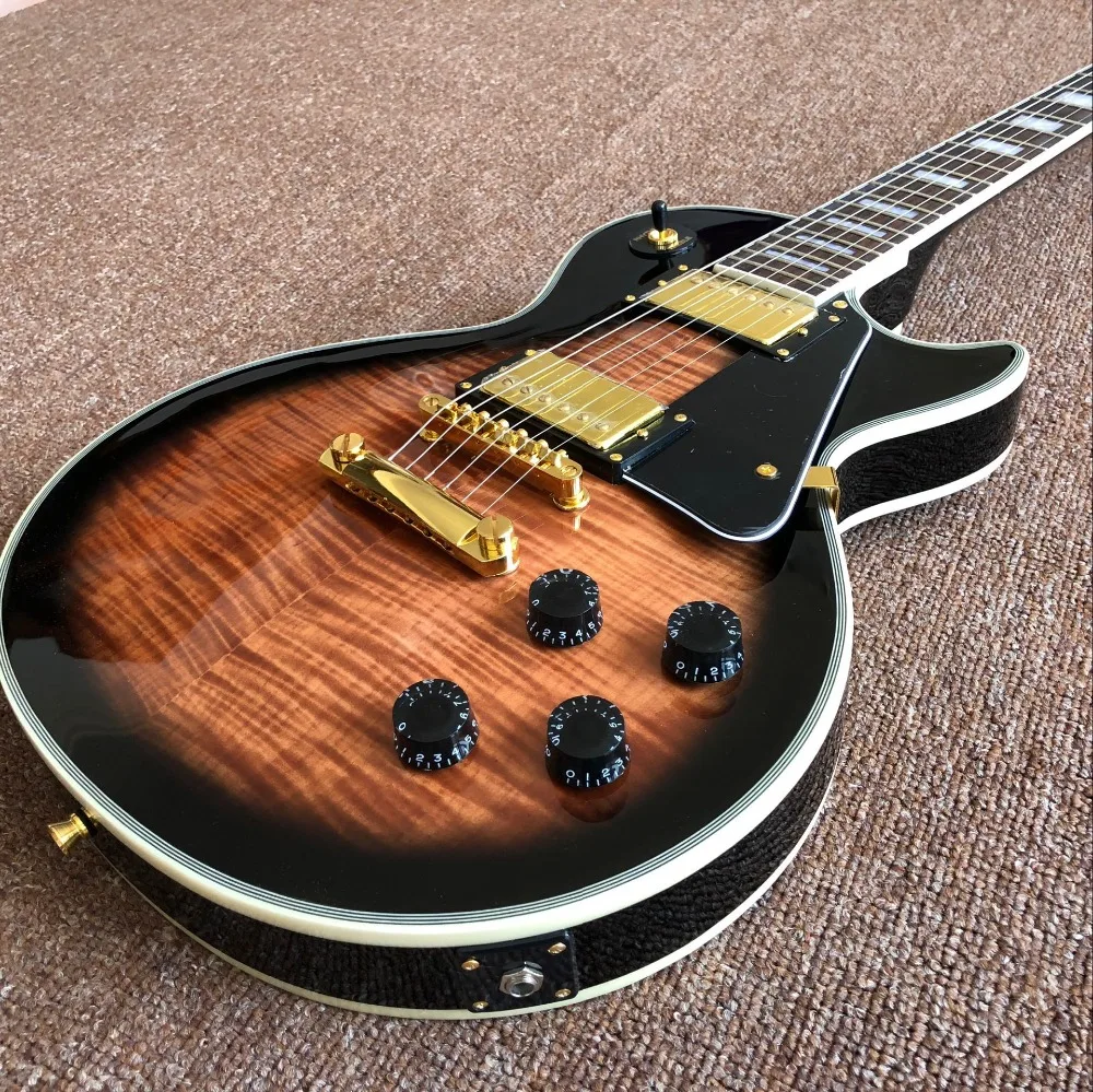 

Стандартная электрическая гитара Tiger Flame под заказ, черная накладка, Sunburst gitaar, корпус из красного дерева, реальные фотографии