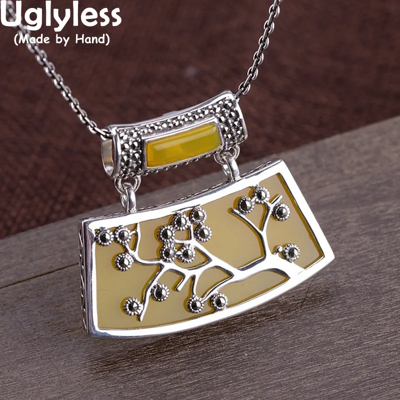 

Uglyless Flowers Tree Ethnic Jewelry for Women Vintage 925 Silver Chokers Pendants NO Chains Chalcedony Zircons Square Necklaces
