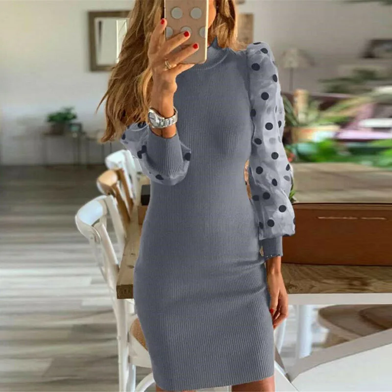 

Long Sleeve Autumn Winter Sweater Dress Women O neck Black Casual Knit Mini Sexy Party Dress Mesh Patchwork Dress