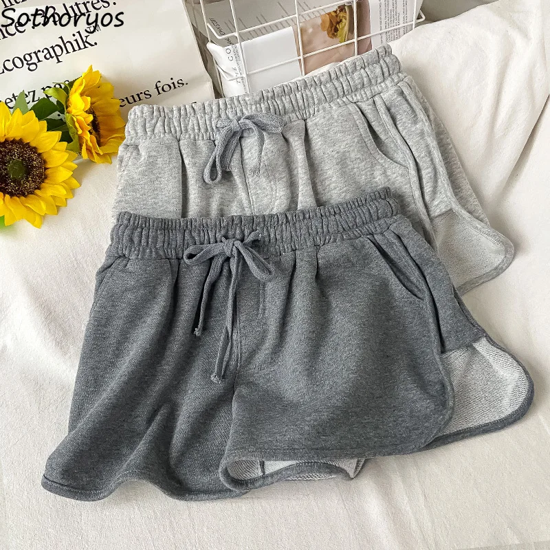 

Sleep Bottoms Women Gray Shorts Summer Simple Sleepwear Loose Wide Leg Students Home Lounge Wear All-match Nightwear Pockets New