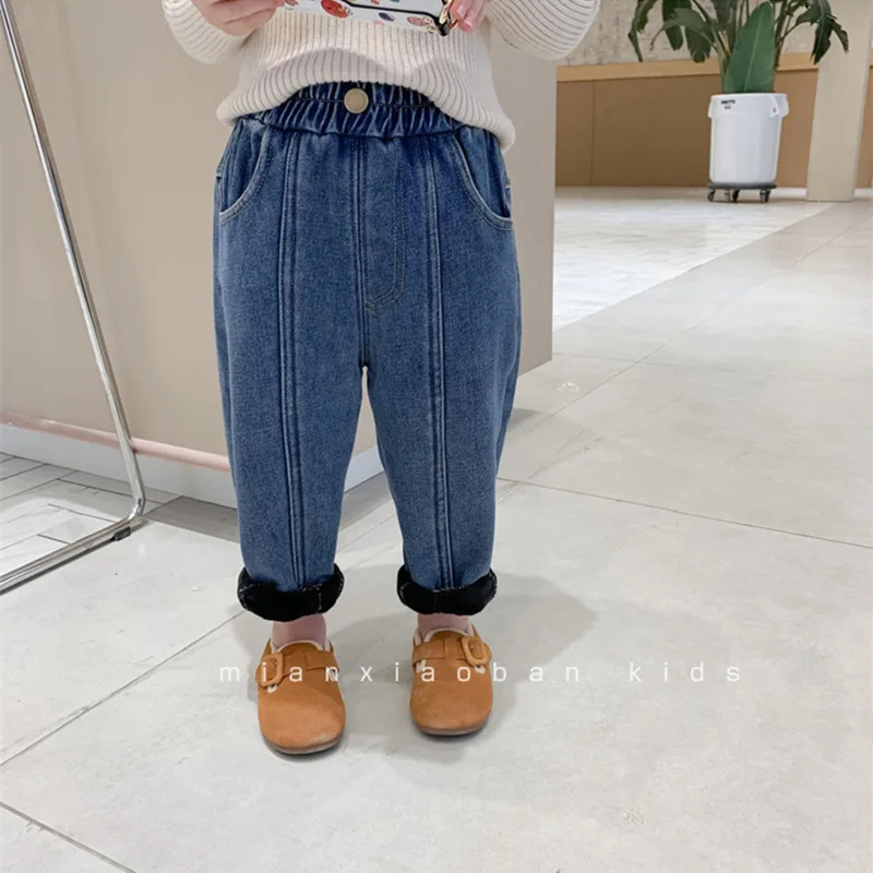 

Детские плюшевые утепленные джинсы, зимние брюки, Теплые повседневные штаны для малышей в иностранном Корейском стиле для мальчиков, джинс...