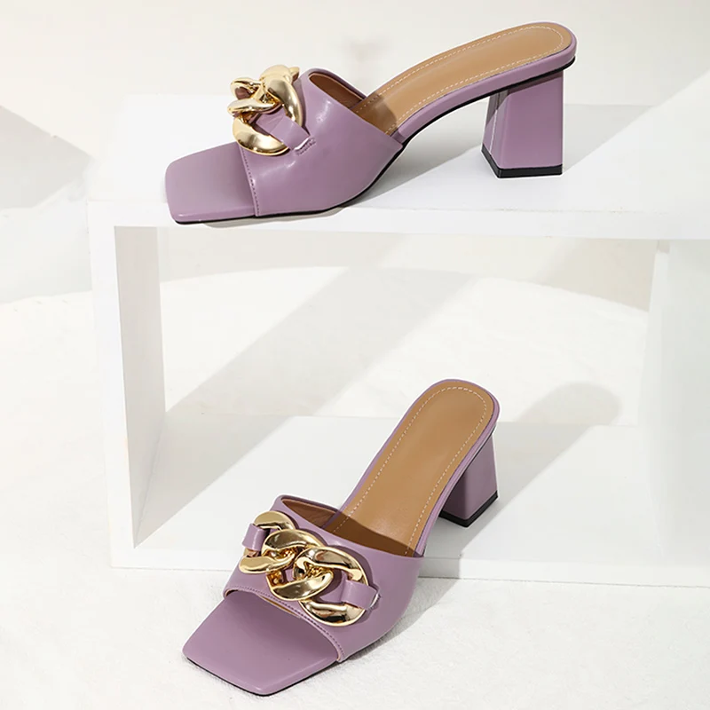 

Сланцы женские на высоком каблуке, металлическая цепочка, квадратный носок, однотонные, тапочки, летняя Уличная обувь, 2021