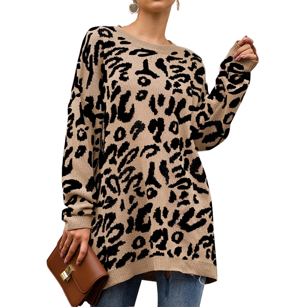 Модные осенние леопардовые пуловеры вязаные женские зимние свитера теплый