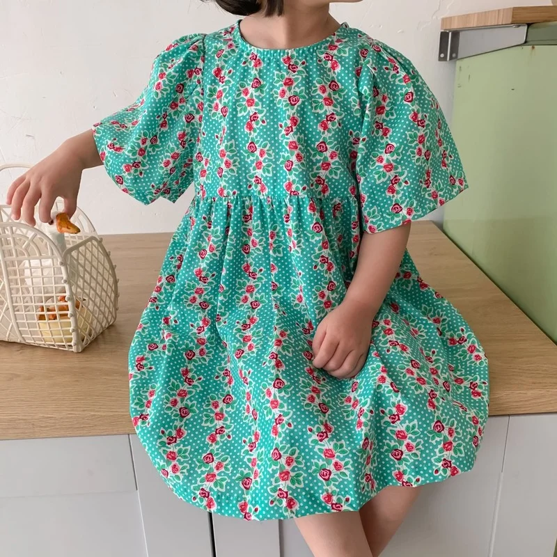 

Girls summer floral puff sleeve dress 2021 New baby children cotton loose casual dresses