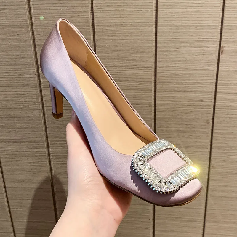 

Womens Pumps Sexy High Thin Heels Handmade Ladies Dress Shoes Stiletto Plus Size Satin Square Toe Wedding 41 Tpr Slip On Quality