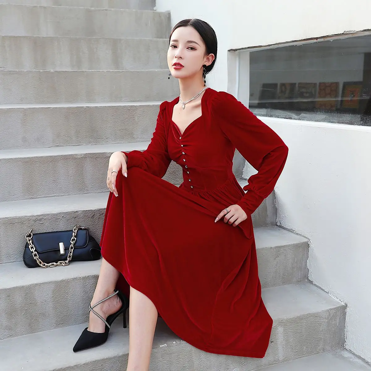 

French Style Women dress Vintage Dresses Red Black 966