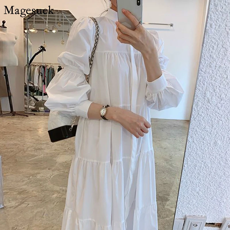 

Женское однобортное платье, белое Плиссированное однотонное ТРАПЕЦИЕВИДНОЕ винтажное платье с воротником-стойкой и длинным рукавом, в Кор...