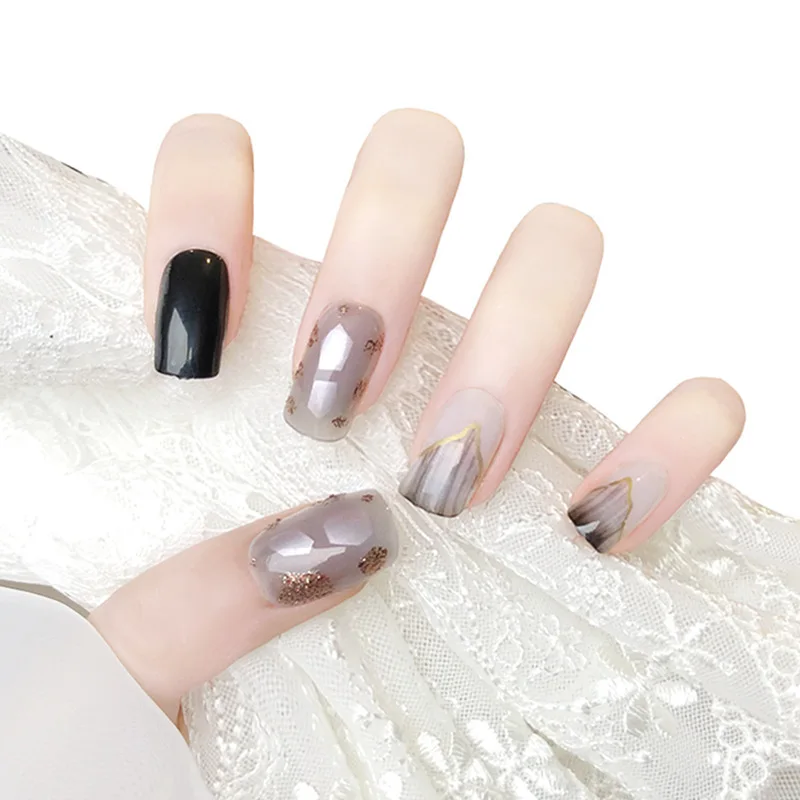 

Горячие Короткие накладные наклейки для ногтей черная раковина размазываемая Накладка для ногтей готовая Накладка для ногтей 24 шт. EY669