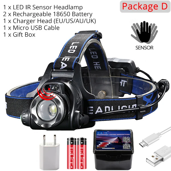 Package D Новейший ИК-датчик налобный фонарь мощный налобный фонарь T6/L2/V6 USB Перезаряжаемый налобный фонарь для рыбалки водонепроницаемый фонарь с зумом - Испускаемый цвет: Package D