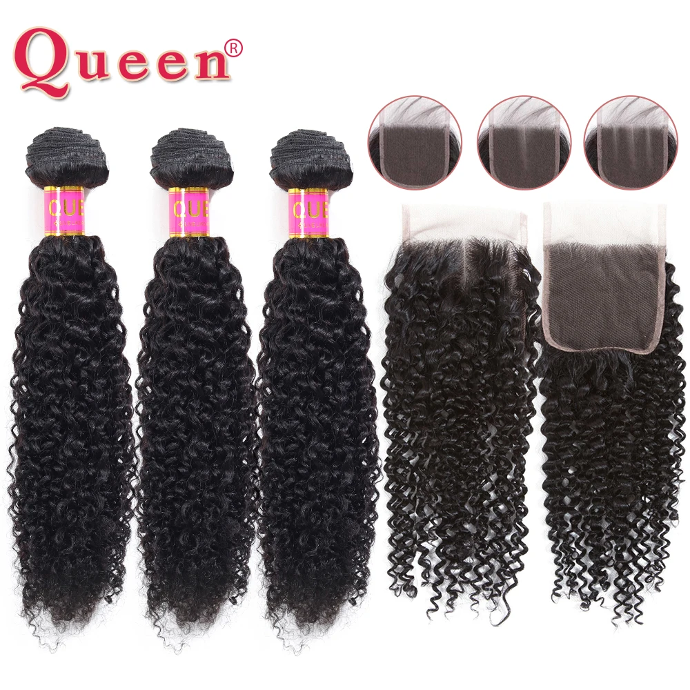 Queen hair Products малазийские кудрявые вьющиеся пучки человеческих волос с закрытием шнурка remy Weave 3 пучка с закрытием