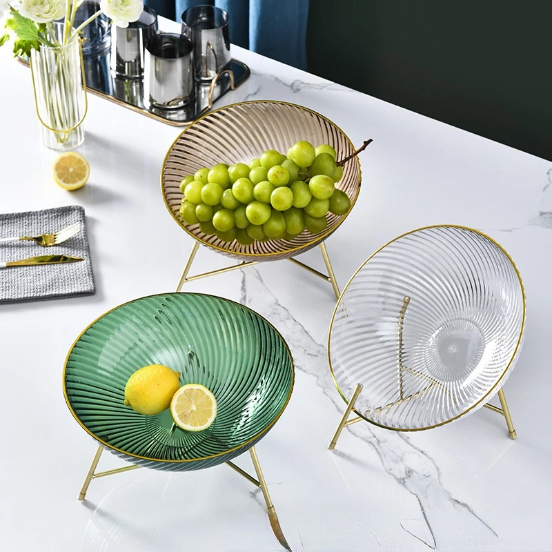 

Light Luxury Pet Round Fruit Tray with Iron Frame Household Living Room Plastic Transparent Snack Ornament Thickened Fruit Plate
