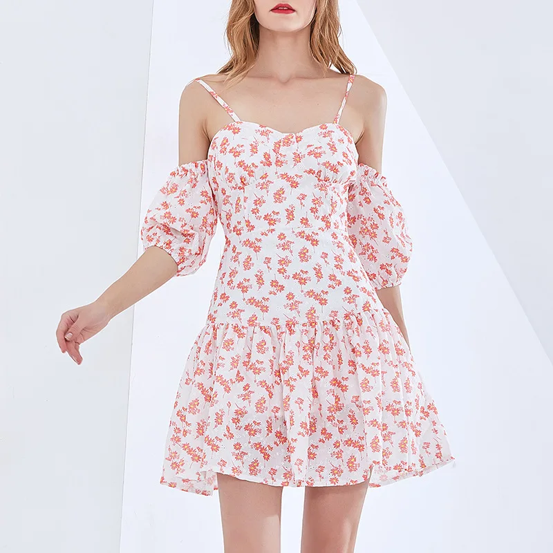 

High Quality Elegant Women Dress 2021 Summer New Fashion Print Patchwork Ruffles Camisole Backless Slim Sexy Mini Ladies Dress