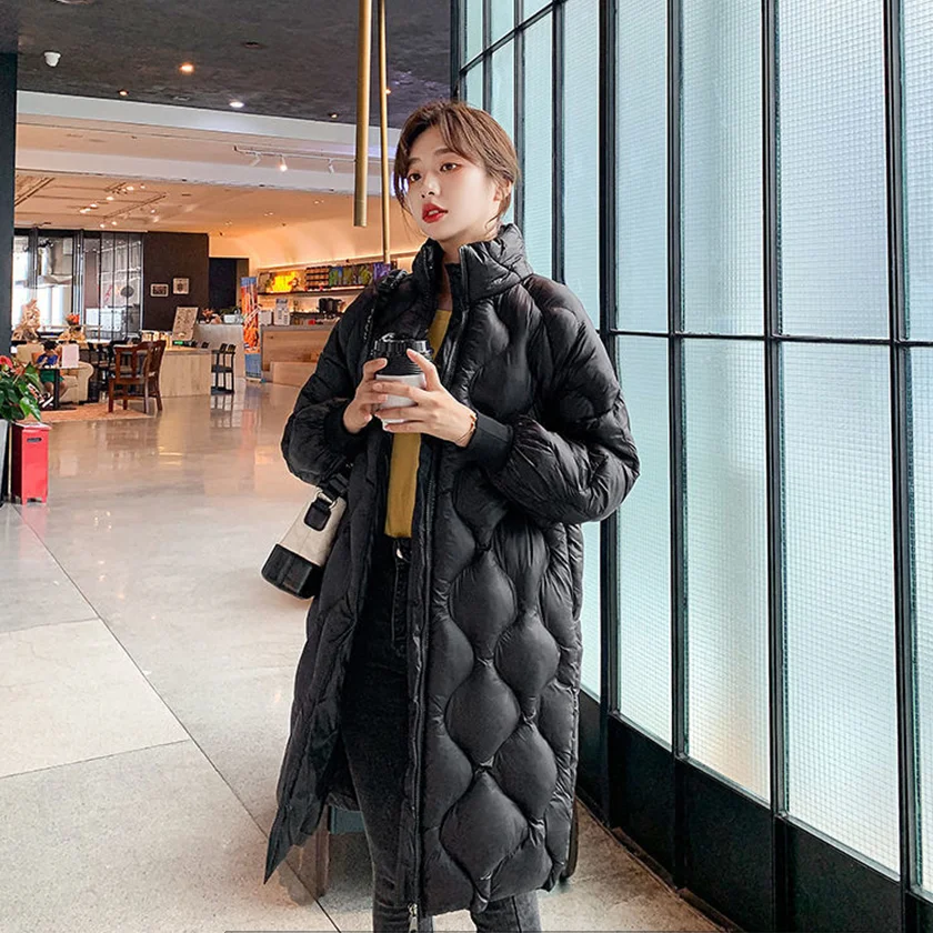 

Women'S Cotton Clothes Winter New Middle And Long Stand Collar Bright Face Waist Over Knee Solid Color Office Casual Coat