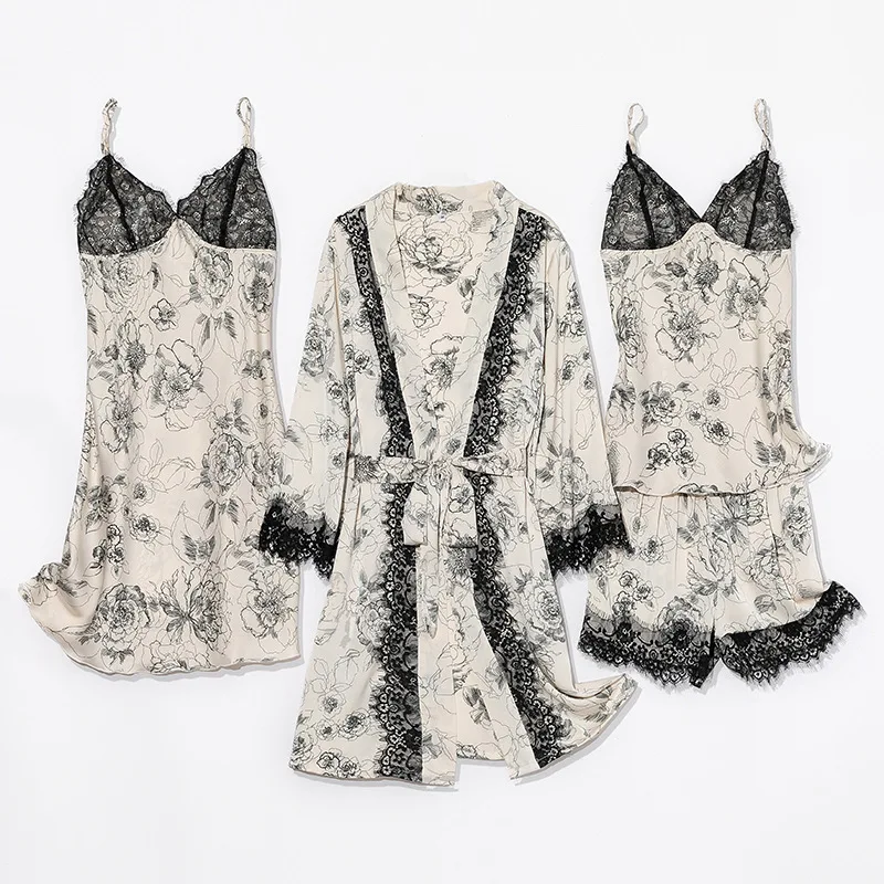 

Lace 4PCS Sleepwear For Women Kimono Gown Satin Sexy Print Robe Suit Pajamas Sets Bathrobe Silky Nightwear Loungewear Pijamas