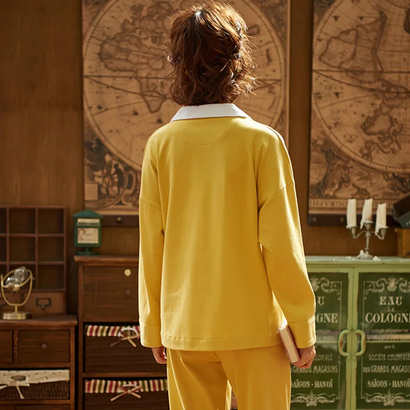 Весенне-осенний тонкий свободный Пижамный костюм из чистого хлопка желтого