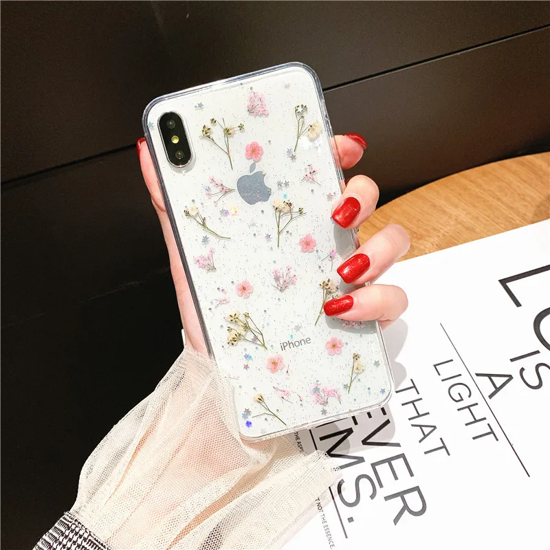 Настоящие сухие цветы чехол для телефона для iPhone X 7 8 Plus прозрачный мягкий ТПУ красивый прессованный задний Чехол для iPhone 11 11 Pro Max