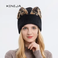 women cat ear leopard print bonnet fur twists knitting beanies winter outdoor cycling warm hat for women girl soft ski cold cap