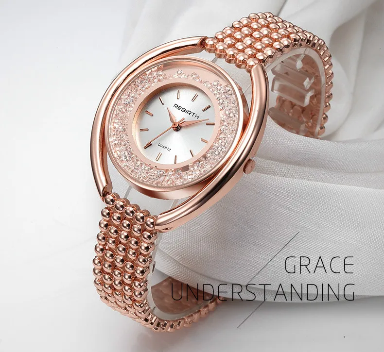 Роскошные часы Dimond модные из нержавеющей стали с ремешком розового золота