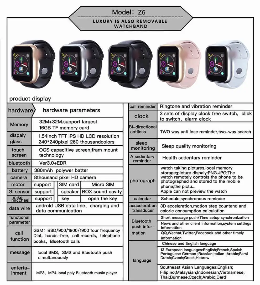 Z6 Bluetooth Смарт часы 2G Android телефон Поддержка SIM TF карта камера Сенсорный экран Smartwatch