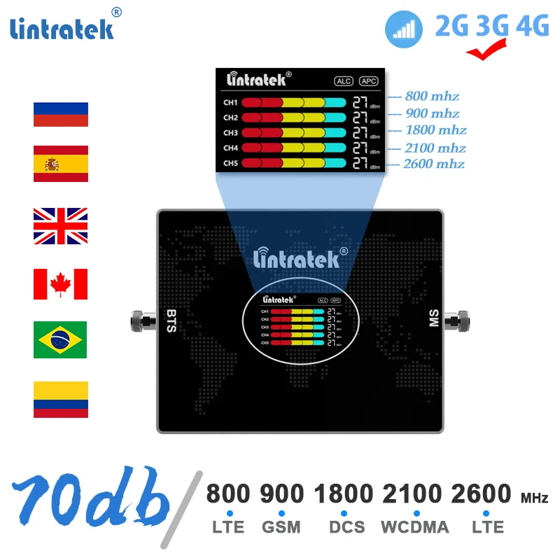 

Lintratek 5 Диапазонный GSM Репитер сигнала 2g 3g 4g 800 900 WCDMA 2100 LTE 1800 2600 сотовый усилитель AGC усилитель сигнала # RU # Испания # UK