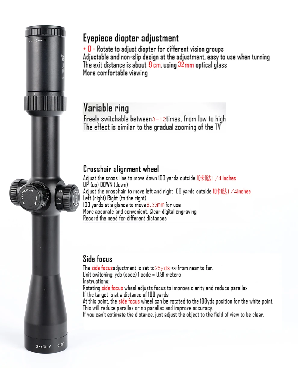 LEBO BJ3-12x40FFP оптический прицел боковой Параллакс охотничий прицел с первой фокальной плоскостью тактический прицел с 11 или 20 мм креплением
