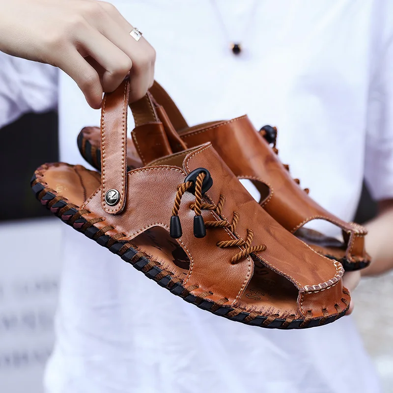 

Men's Leather Sandals Summer Leather Hand-Stitched Soles Casual Sandals Hollow Breathable Retro Style Water Walking Beach Shoes
