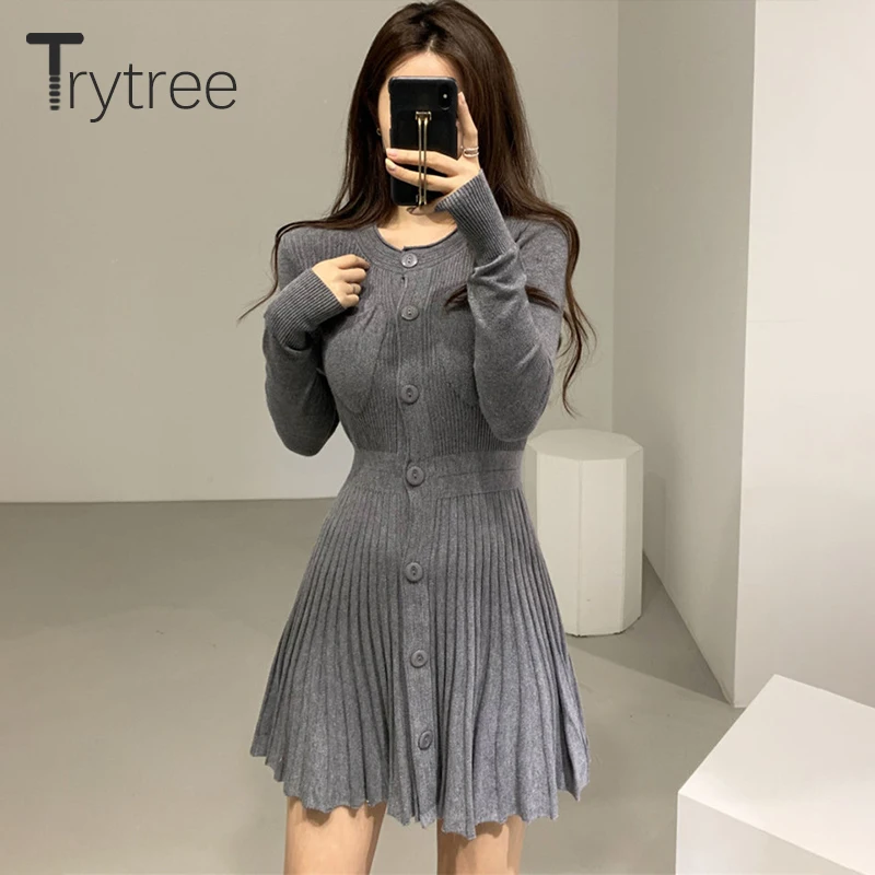 Trytree 2020 Осень Зима Женское Повседневное платье с круглым вырезом вязаное
