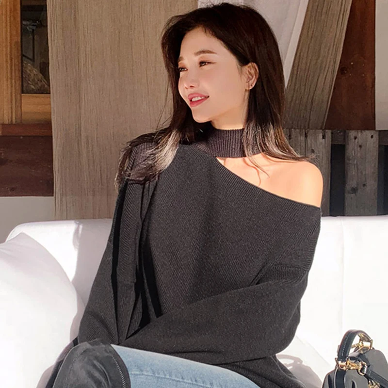 

Fashion Hollow Shoulder Turtleneck Sweater Woman Korean Long Sleeve Loose Knit Sweater Ladies Simple Solid Knitwear Sweater