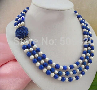 Бесплатная доставка&gt Потрясающие 3 ряда 8 мм круглый белый пресноводный жемчуг