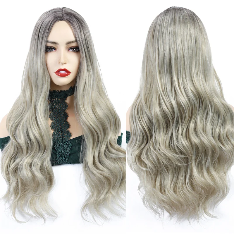 

Women Ombre Two Tone Long Wavy Wig Synthetic Hair Heat Resistant Middle Part Line Cosplay Wigs Red Blonde Pink Color Free Style