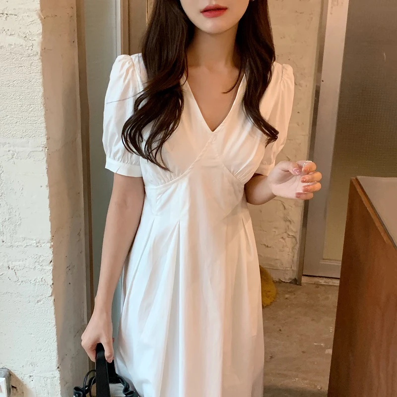 

KUSAHIKI Korean Chic Summer V-neck Woman Dress Puff Short Sleeve Elegant Pleated Slim Waist Dresses Vestidos De Mujer 6G689